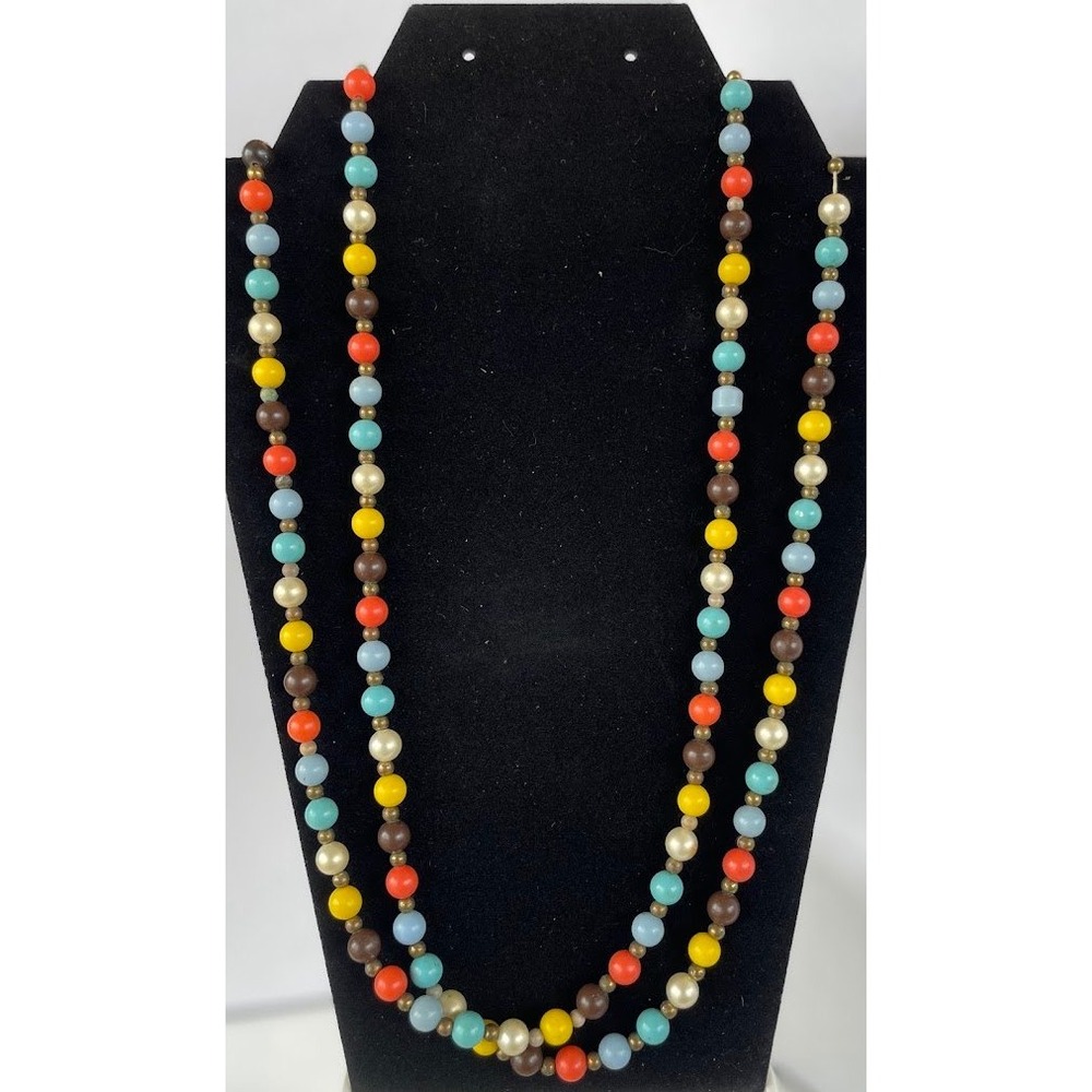 Vintage 60s Multi Strand Colorful Plastic Bead Necklace Orange Turquoise Yellow